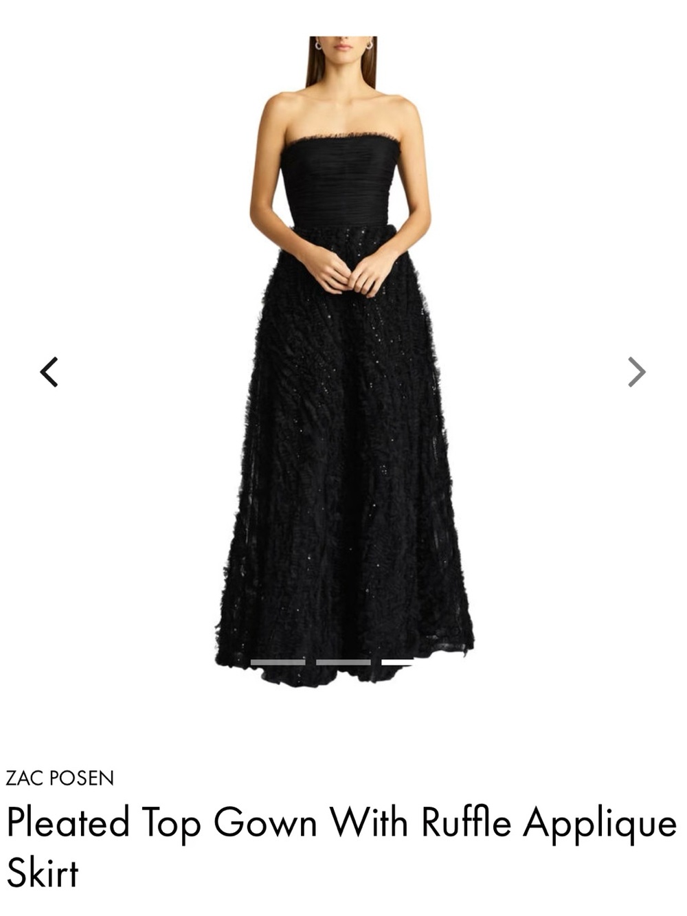 Zac Posen Black Strapless Pleated Bodice Evening Gown with Ruffle Appliqué Skirt